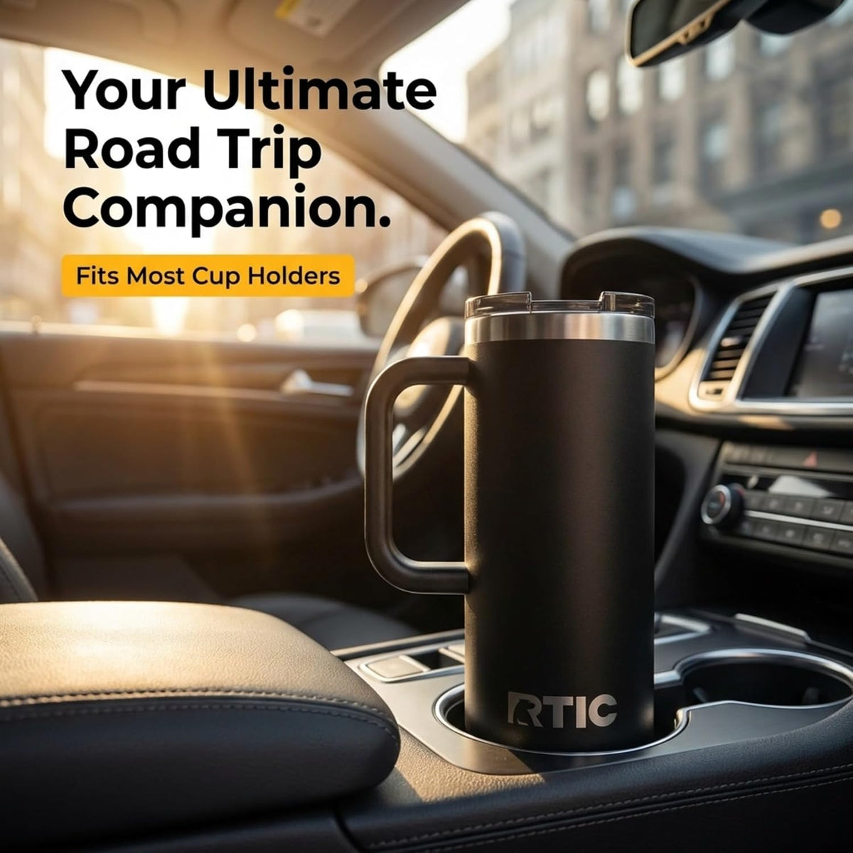 20oz Road Trip Travel Mug with Lid and Handle, Ceramic Lined, Black