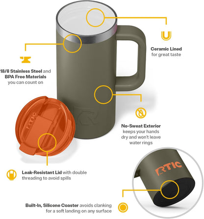 20oz Road Trip Travel Mug with Lid and Handle, Ceramic Lined, Black