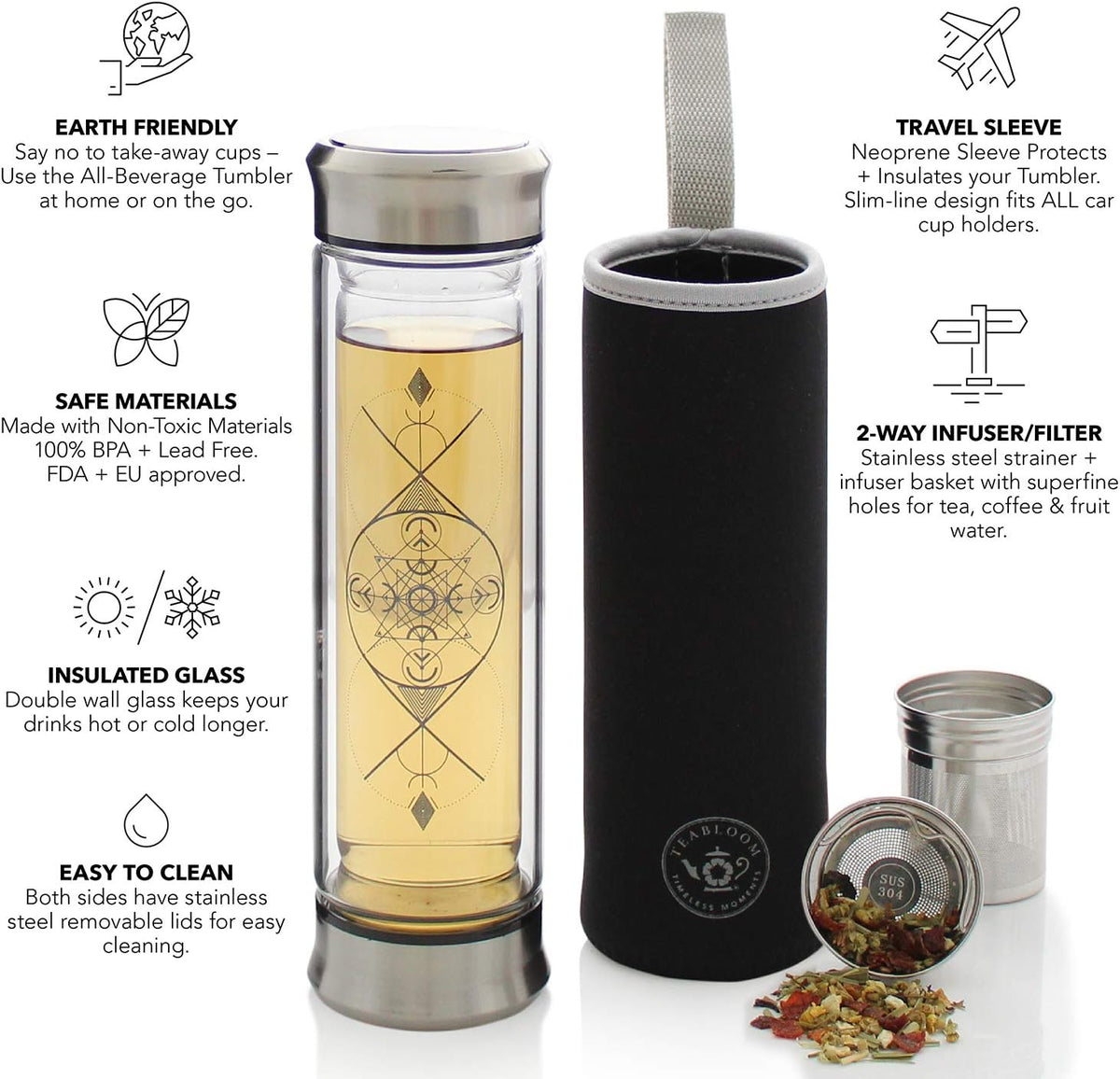 All-Beverage Infusion Bottle – 14 oz / 400 ml – Double Wall Insulated Glass Travel Flask – Hot Tea & Cold Brew Coffee Thermos – Removable Sleeve