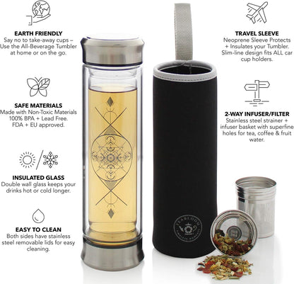 All-Beverage Infusion Bottle – 14 oz / 400 ml – Double Wall Insulated Glass Travel Flask – Hot Tea & Cold Brew Coffee Thermos – Removable Sleeve