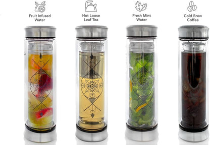 All-Beverage Infusion Bottle – 14 oz / 400 ml – Double Wall Insulated Glass Travel Flask – Hot Tea & Cold Brew Coffee Thermos – Removable Sleeve