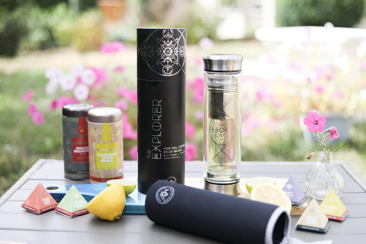 All-Beverage Infusion Bottle – 14 oz / 400 ml – Double Wall Insulated Glass Travel Flask – Hot Tea & Cold Brew Coffee Thermos – Removable Sleeve