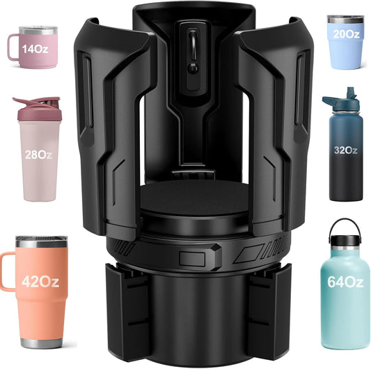 Cup Holder Expander (Adjustable Holder & Base, Auto-Fit Hold, One Button Open), Car Cup Holder Expander for Yeti, Hydro Flask, Nalgene, Owala, Bottles in 2.6"- 4.8" (Black)