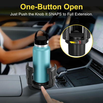 Cup Holder Expander (Adjustable Holder & Base, Auto-Fit Hold, One Button Open), Car Cup Holder Expander for Yeti, Hydro Flask, Nalgene, Owala, Bottles in 2.6"- 4.8" (Black)