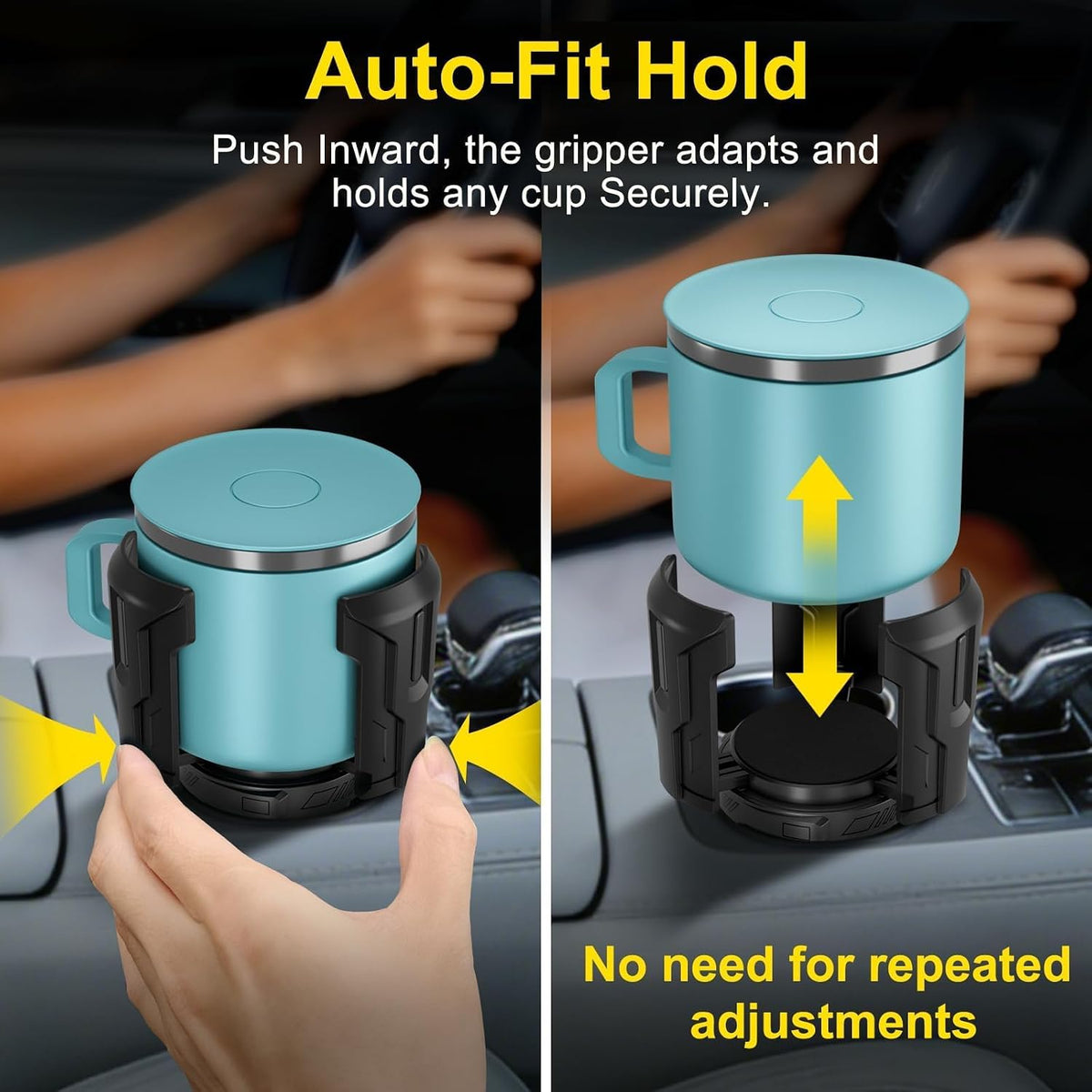 Cup Holder Expander (Adjustable Holder & Base, Auto-Fit Hold, One Button Open), Car Cup Holder Expander for Yeti, Hydro Flask, Nalgene, Owala, Bottles in 2.6"- 4.8" (Black)