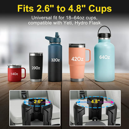 Cup Holder Expander (Adjustable Holder & Base, Auto-Fit Hold, One Button Open), Car Cup Holder Expander for Yeti, Hydro Flask, Nalgene, Owala, Bottles in 2.6"- 4.8" (Black)