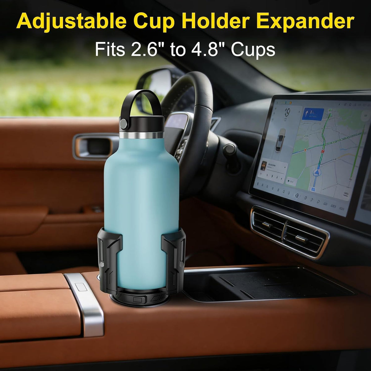 Cup Holder Expander (Adjustable Holder & Base, Auto-Fit Hold, One Button Open), Car Cup Holder Expander for Yeti, Hydro Flask, Nalgene, Owala, Bottles in 2.6"- 4.8" (Black)