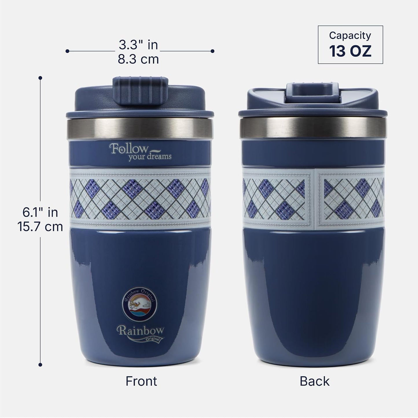 13 oz Travel Coffee Tumbler – 6H hot / 12H cold, Mig-White | 18/10 Stainless Steel, double wall vacuum insulation, keeps hot 6h & cold 12h, BPA free, ideal for office, camping, commutes
