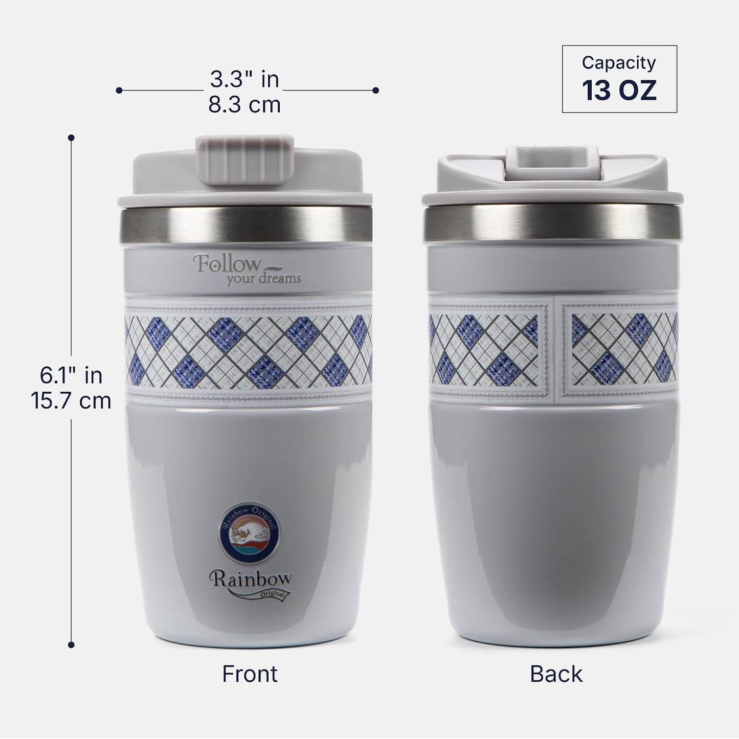 13 oz Travel Coffee Tumbler – 6H hot / 12H cold, Mig-White | 18/10 Stainless Steel, double wall vacuum insulation, keeps hot 6h & cold 12h, BPA free, ideal for office, camping, commutes