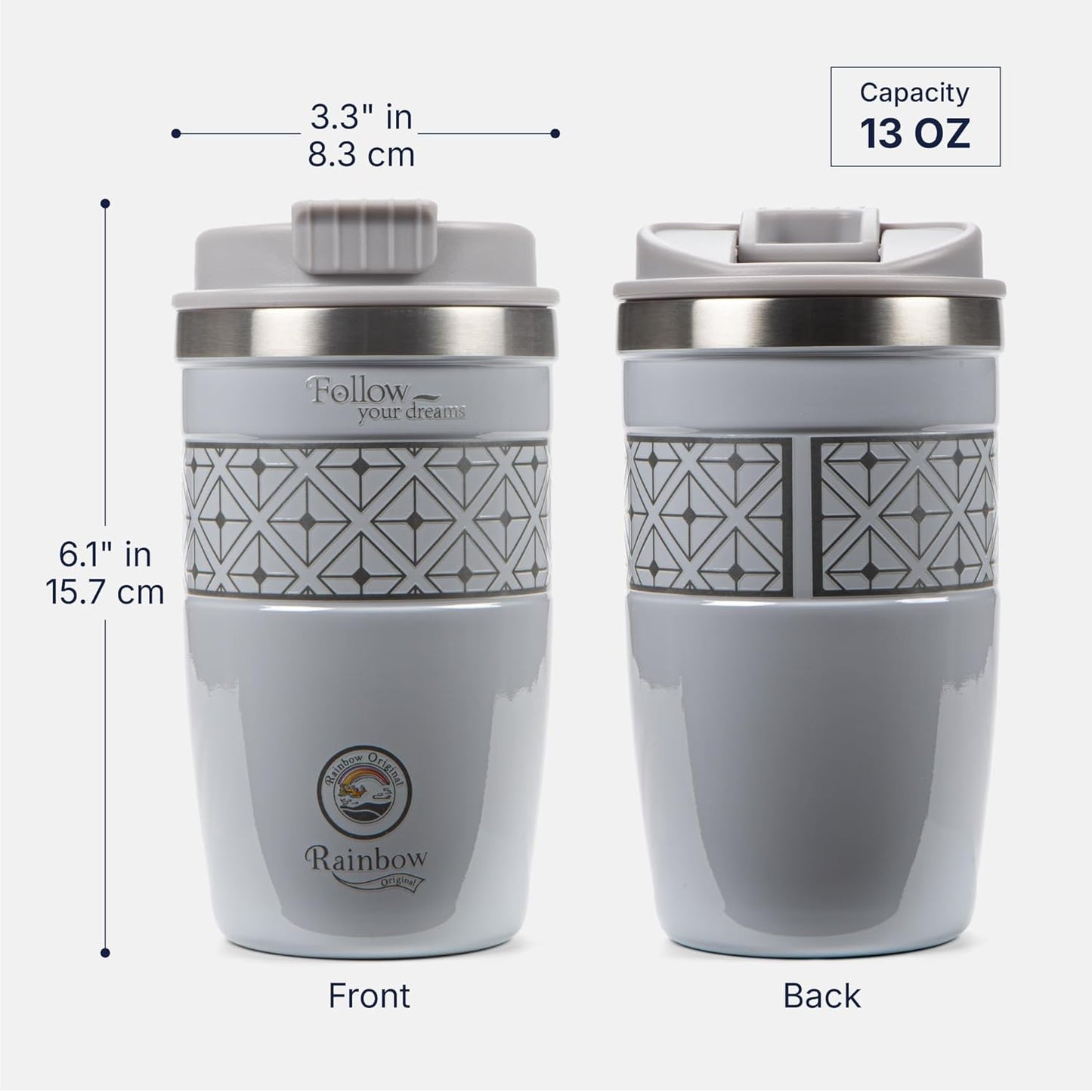 13 oz Travel Coffee Tumbler – 6H hot / 12H cold, Mig-White | 18/10 Stainless Steel, double wall vacuum insulation, keeps hot 6h & cold 12h, BPA free, ideal for office, camping, commutes