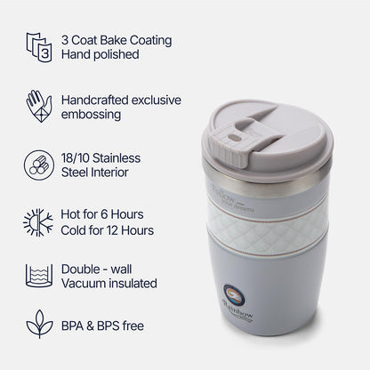 13 oz Travel Coffee Tumbler – 6H hot / 12H cold, Mig-White | 18/10 Stainless Steel, double wall vacuum insulation, keeps hot 6h & cold 12h, BPA free, ideal for office, camping, commutes