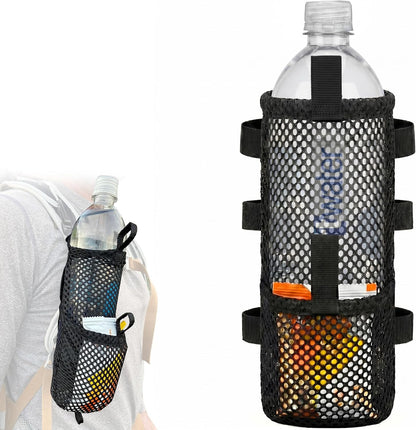 Water Bottle & Snack Holder for Backpack Shoulder Strap - Fits 1L Smartwater, Front Accessory Pouch, Ultralight 0.9 oz, Snap Hook Mount, Nylon Mesh Backpack Attachment