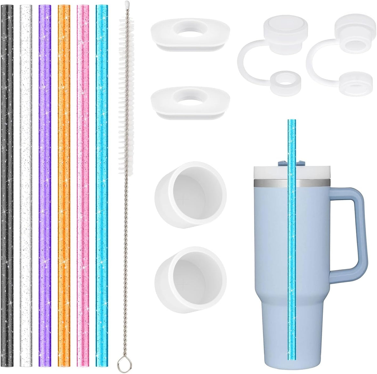 Replacement Straw Compatible with Stanley 40 oz 30 oz Cup Tumbler, 6 Pack Reusable Straw with Cleaning Brush, Plastic, Clear