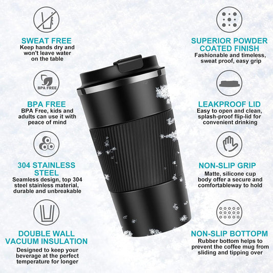 17oz Travel Coffee Cups Insulated Mug Thermal Tumbler to Go with Lid Leak Proof Reusable Stainless Steel Coffee Mug Spill Proof for Hot and Iced Cold Drinks (Black, 510ml)