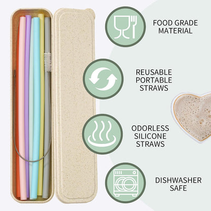 Silicone Reusable Straws with Case, Dishwasher Safe Travel Straw
