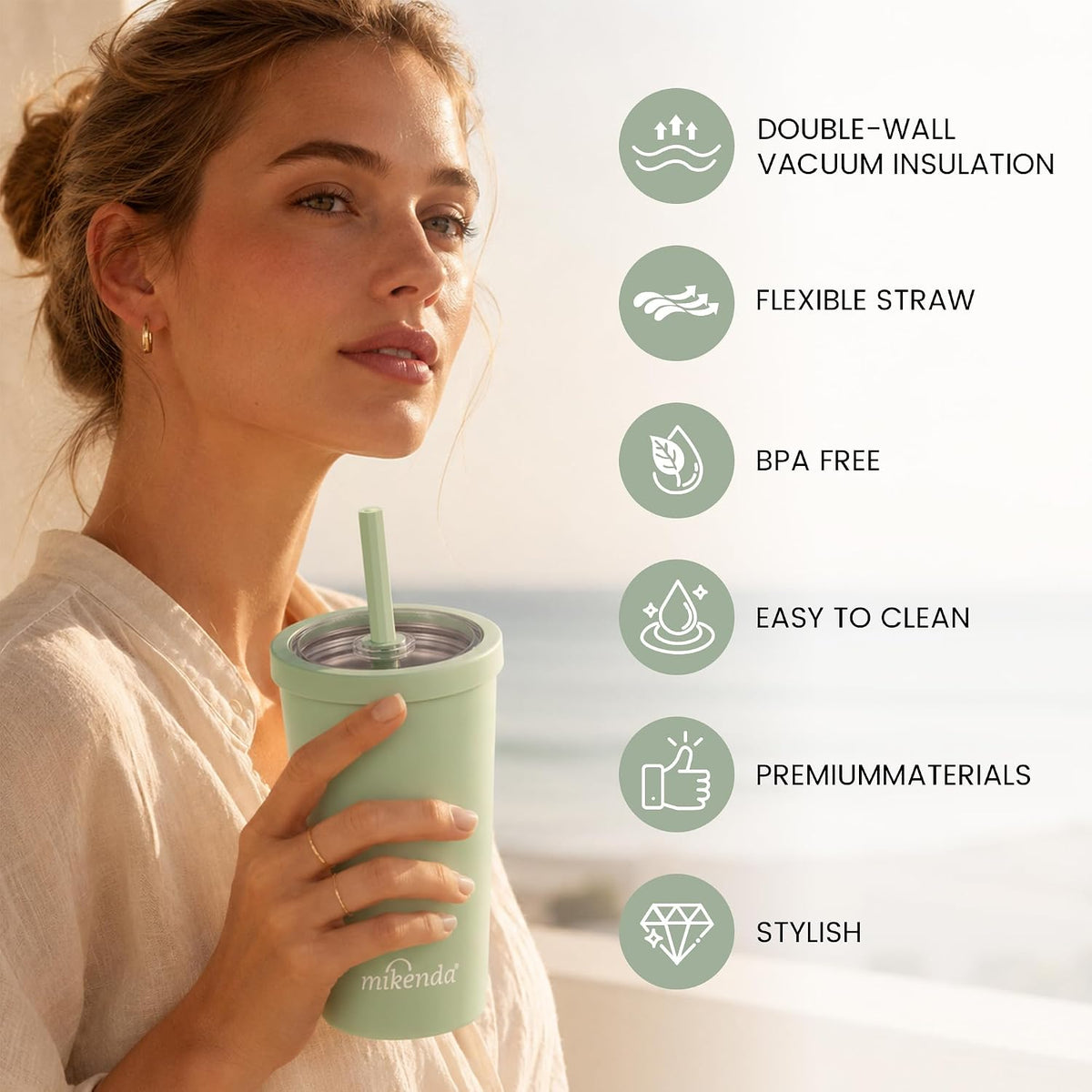 14oz Insulated Coffee Tumbler with Straw Lid, Stainless Steel Vacuum Travel Mug with Soft Silicone Mouthpiece, Anti-Slip Base, BPA Free Reusable Car Cup for Iced Coffee, Tea, Office