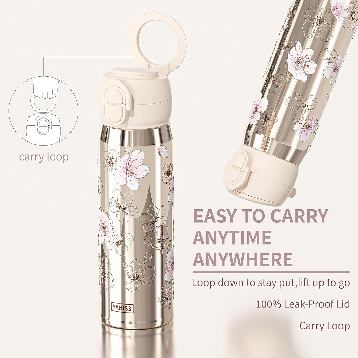 17 oz Insulated Tumbler with Straw & Carry Loop, Peach Blossom Embossed Design, Non-Slip Silicone Base, Vacuum-Insulated Stainless Steel Travel Mug, Leak-Proof & Portable