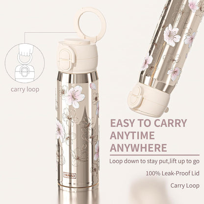 17 oz Insulated Tumbler with Straw & Carry Loop, Peach Blossom Embossed Design, Non-Slip Silicone Base, Vacuum-Insulated Stainless Steel Travel Mug, Leak-Proof & Portable