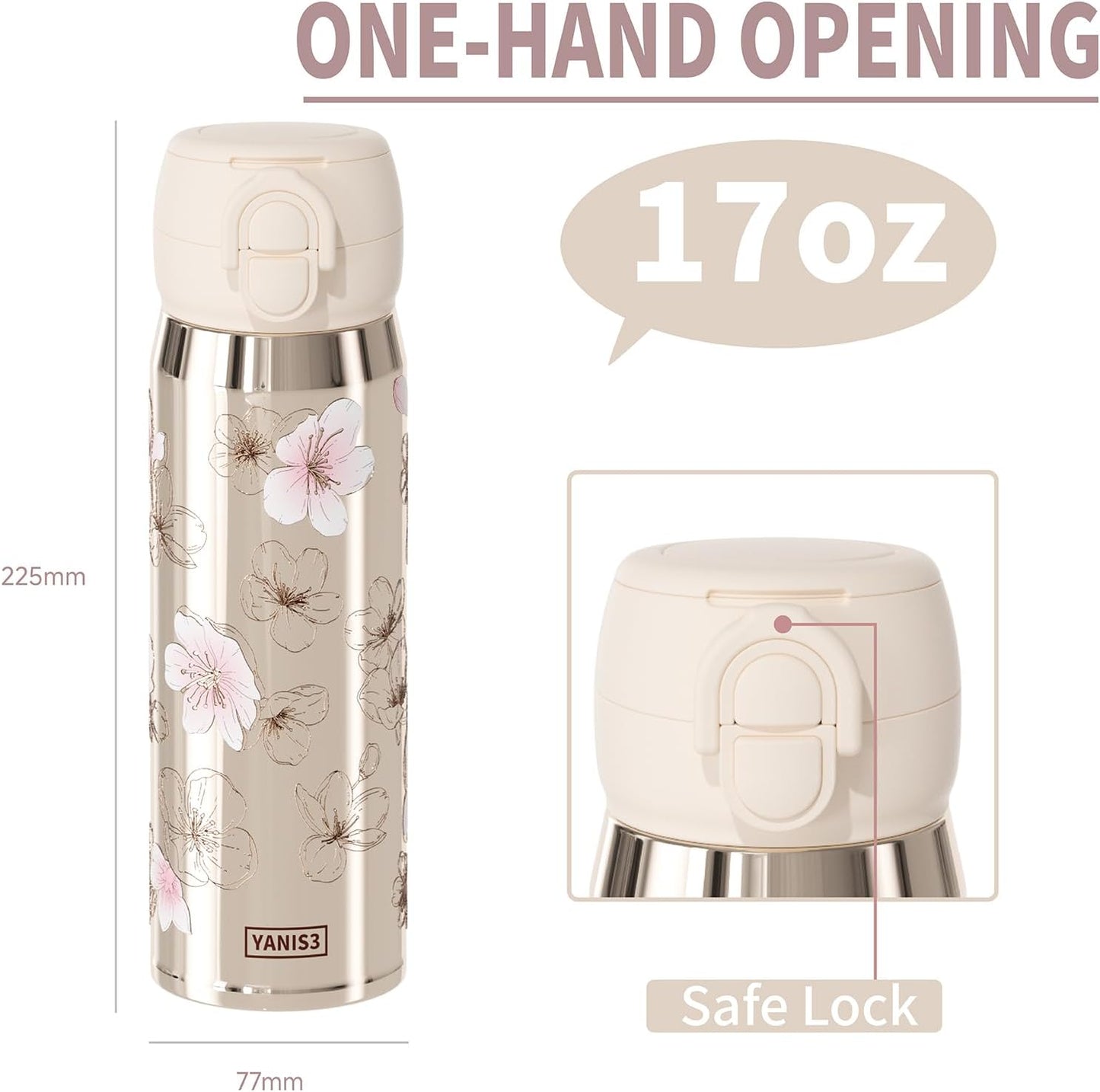 17 oz Insulated Tumbler with Straw & Carry Loop, Peach Blossom Embossed Design, Non-Slip Silicone Base, Vacuum-Insulated Stainless Steel Travel Mug, Leak-Proof & Portable
