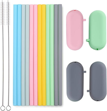 Silicone Straws Reusable - Odorless, 12 Standard Drinking Straws, 4 Carry Pouch, 2 Cleaning Brushes, Certificated Food Grade Platinum Silicone - 8 1/2" Long