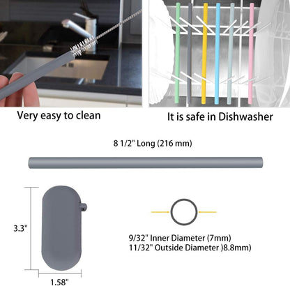 Silicone Straws Reusable - Odorless, 12 Standard Drinking Straws, 4 Carry Pouch, 2 Cleaning Brushes, Certificated Food Grade Platinum Silicone - 8 1/2" Long