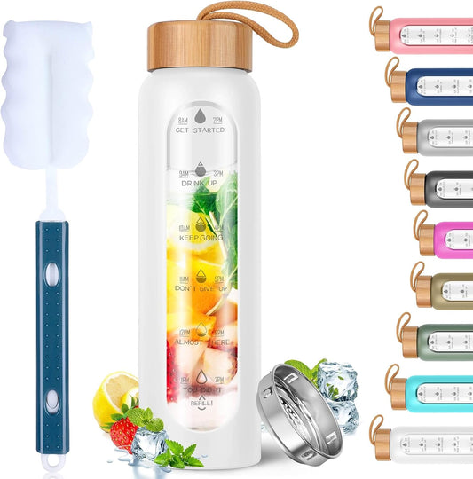 Glass Water Bottles 25 Oz with Silicone Sleeve - BPA Free Reusable Wide Mouth Glass Motivational Water Bottles with Fruit Infuser – Leak Proof Borosilicate Water Bottle with Time Marker (White)