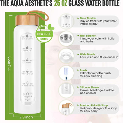 Glass Water Bottles 25 Oz with Silicone Sleeve - BPA Free Reusable Wide Mouth Glass Motivational Water Bottles with Fruit Infuser – Leak Proof Borosilicate Water Bottle with Time Marker (White)