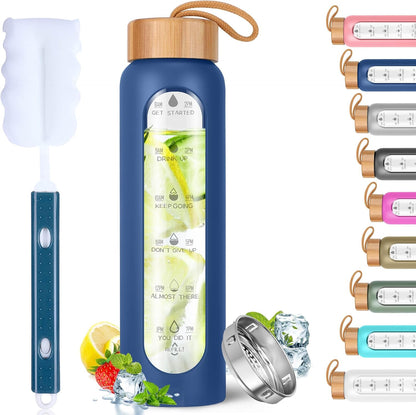 Glass Water Bottles 25 Oz with Silicone Sleeve - BPA Free Reusable Wide Mouth Glass Motivational Water Bottles with Fruit Infuser – Leak Proof Borosilicate Water Bottle with Time Marker (White)