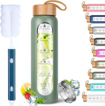 Glass Water Bottles 25 Oz with Silicone Sleeve - BPA Free Reusable Wide Mouth Glass Motivational Water Bottles with Fruit Infuser – Leak Proof Borosilicate Water Bottle with Time Marker (White)