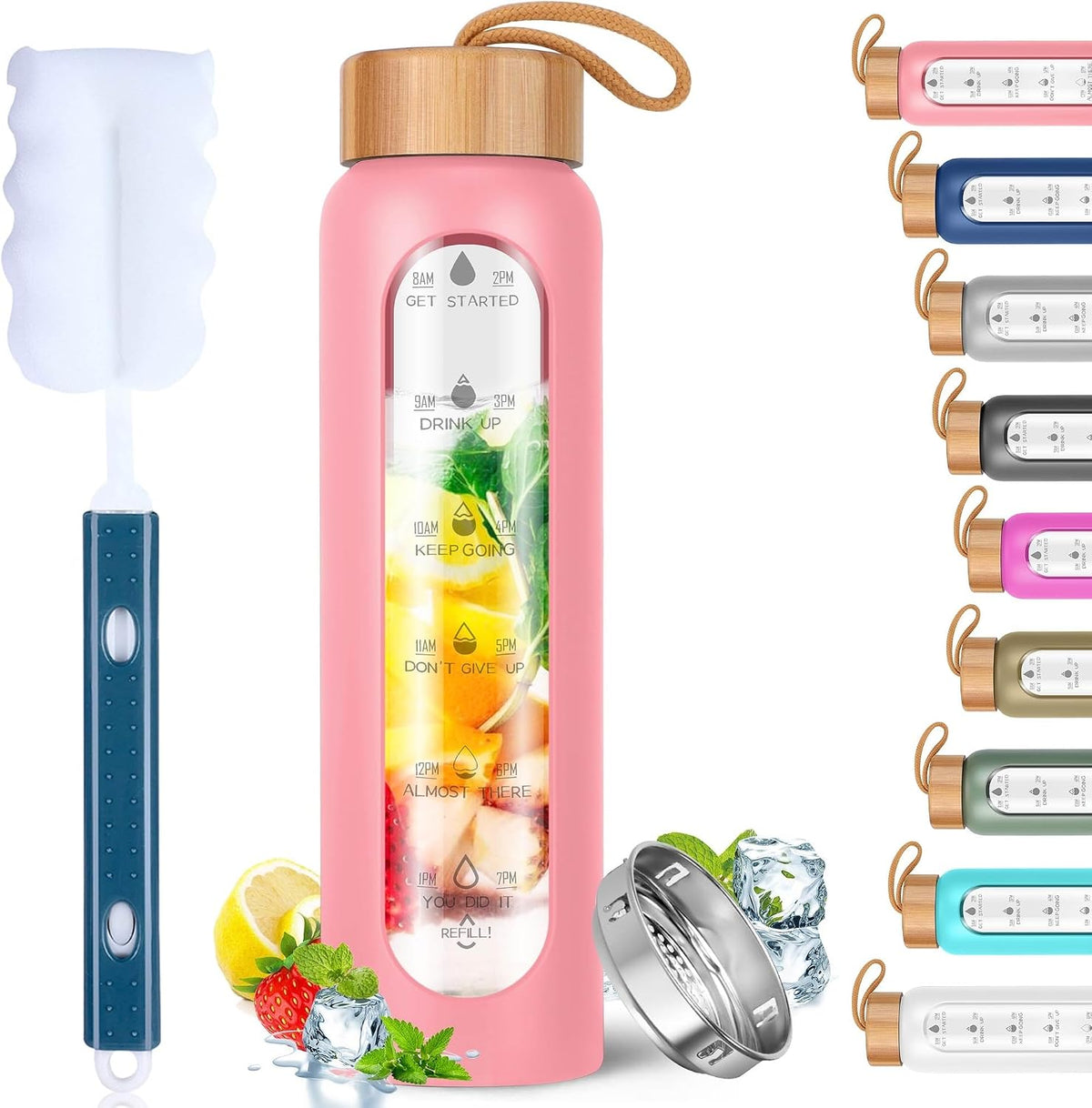 Glass Water Bottles 25 Oz with Silicone Sleeve - BPA Free Reusable Wide Mouth Glass Motivational Water Bottles with Fruit Infuser – Leak Proof Borosilicate Water Bottle with Time Marker (White)