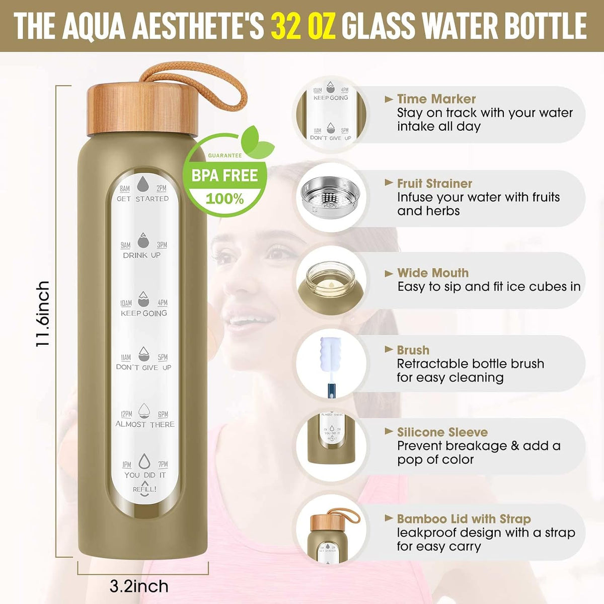 Glass Water Bottles 25 Oz with Silicone Sleeve - BPA Free Reusable Wide Mouth Glass Motivational Water Bottles with Fruit Infuser – Leak Proof Borosilicate Water Bottle with Time Marker (White)