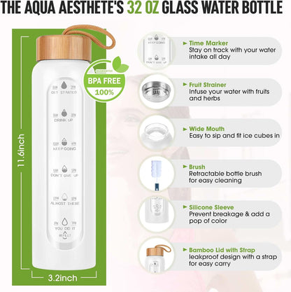 Glass Water Bottles 25 Oz with Silicone Sleeve - BPA Free Reusable Wide Mouth Glass Motivational Water Bottles with Fruit Infuser – Leak Proof Borosilicate Water Bottle with Time Marker (White)