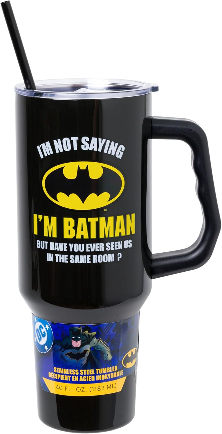 Batman I am Batman Quote, Stainless Steel Tumbler, 40oz | Includes Handle, Double Walled, Straw, Fits in Cup Holder, 1.18 Liters