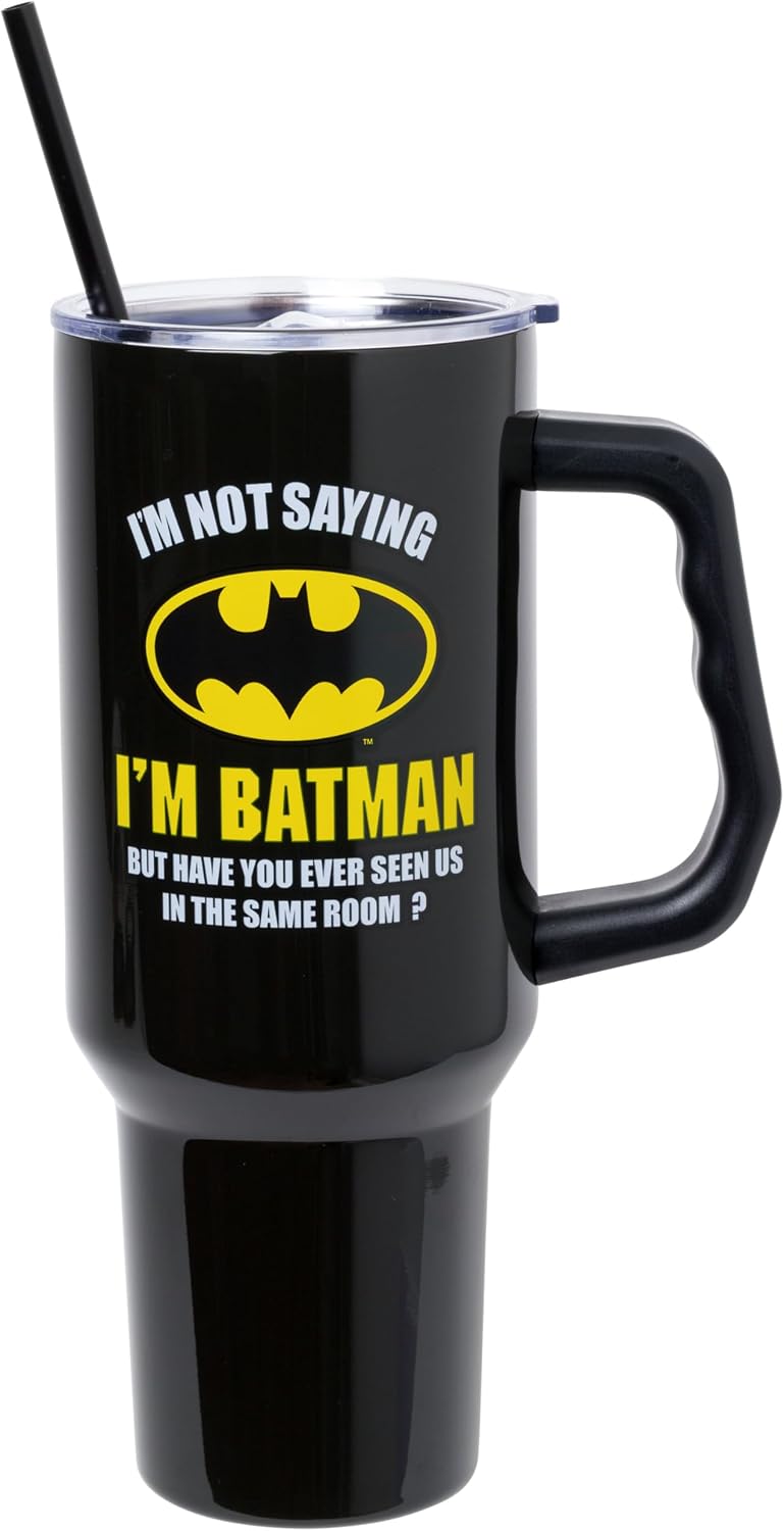 Batman I am Batman Quote, Stainless Steel Tumbler, 40oz | Includes Handle, Double Walled, Straw, Fits in Cup Holder, 1.18 Liters