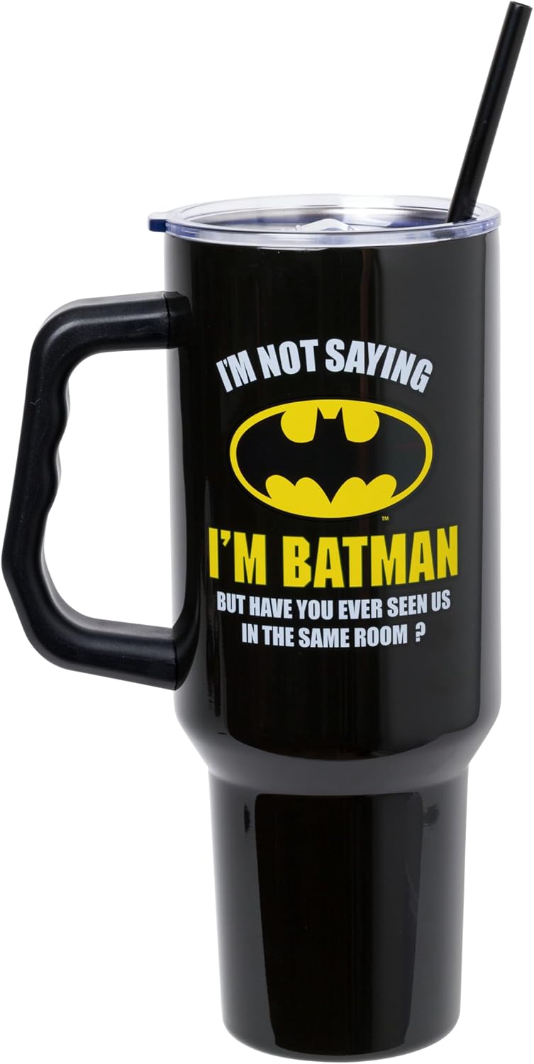 Batman I am Batman Quote, Stainless Steel Tumbler, 40oz | Includes Handle, Double Walled, Straw, Fits in Cup Holder, 1.18 Liters