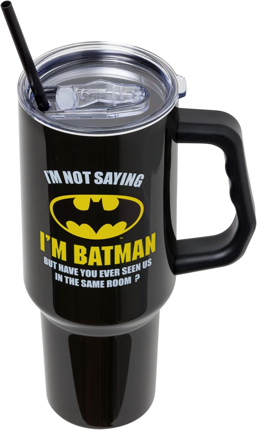 Batman I am Batman Quote, Stainless Steel Tumbler, 40oz | Includes Handle, Double Walled, Straw, Fits in Cup Holder, 1.18 Liters