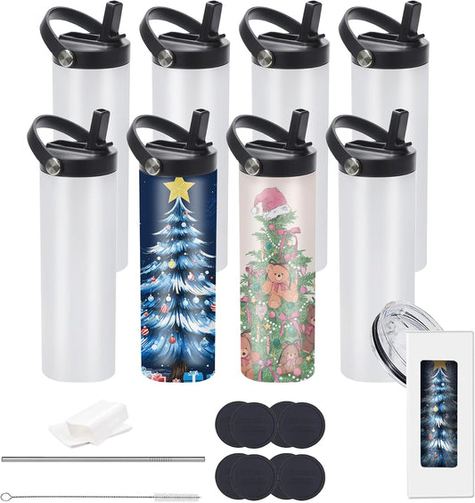 20oz sublimation sport tumblers blanks with two lids ，flat edge sublimation tumblers，double wall stainless steel insulted cup，for Heat Transfer, White (8, with flex handle lid)