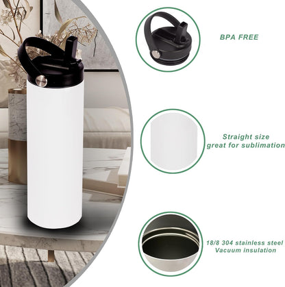 20oz sublimation sport tumblers blanks with two lids ，flat edge sublimation tumblers，double wall stainless steel insulted cup，for Heat Transfer, White (8, with flex handle lid)