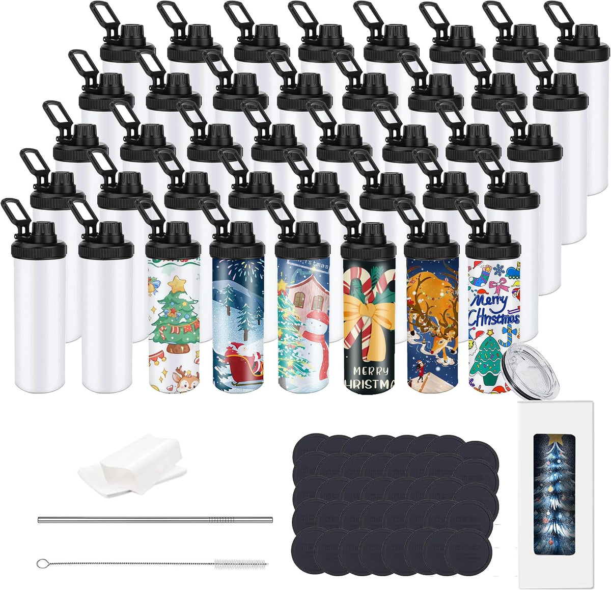 20oz sublimation sport tumblers blanks with two lids ，flat edge sublimation tumblers，double wall stainless steel insulted cup，for Heat Transfer, White (8, with flex handle lid)
