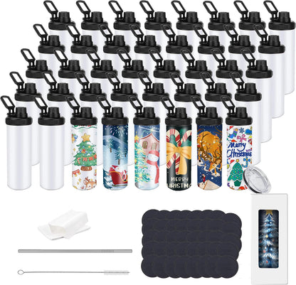 20oz sublimation sport tumblers blanks with two lids ，flat edge sublimation tumblers，double wall stainless steel insulted cup，for Heat Transfer, White (8, with flex handle lid)