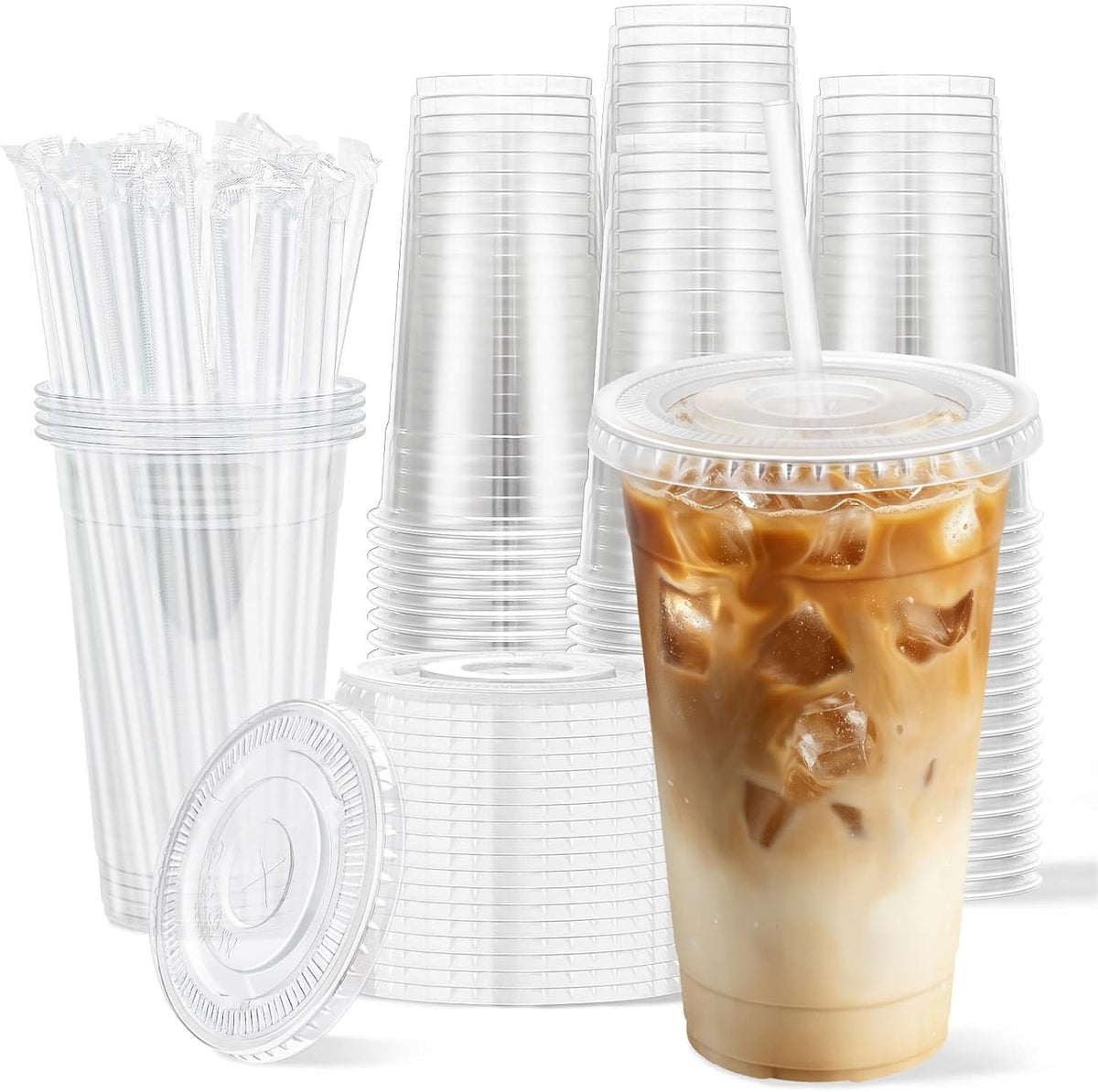 Clawsoff 100 Pack 20 oz Disposable Clear Plastic Cups with Lids and Straws
