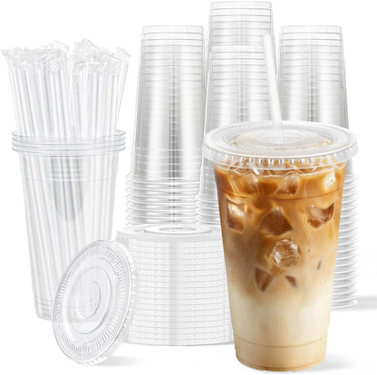 Clawsoff 100 Pack 20 oz Disposable Clear Plastic Cups with Lids and Straws