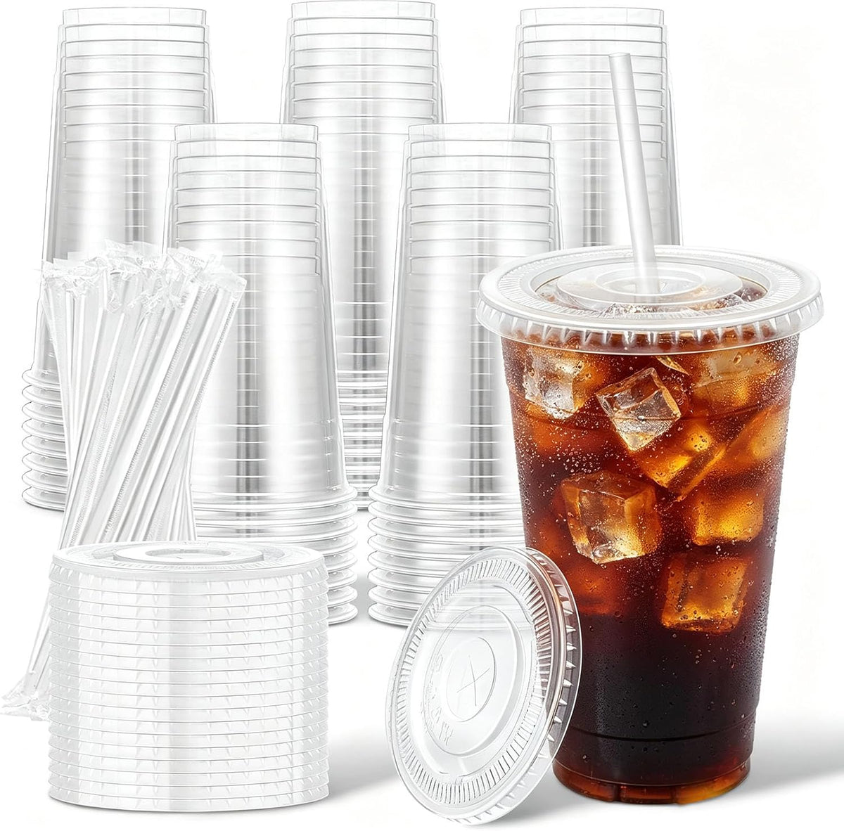 Clawsoff 100 Pack 20 oz Disposable Clear Plastic Cups with Lids and Straws