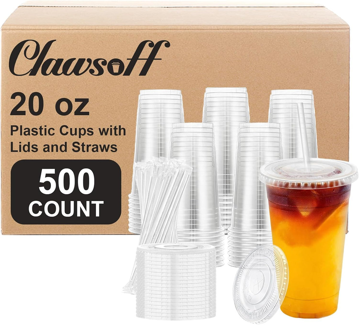 Clawsoff 100 Pack 20 oz Disposable Clear Plastic Cups with Lids and Straws