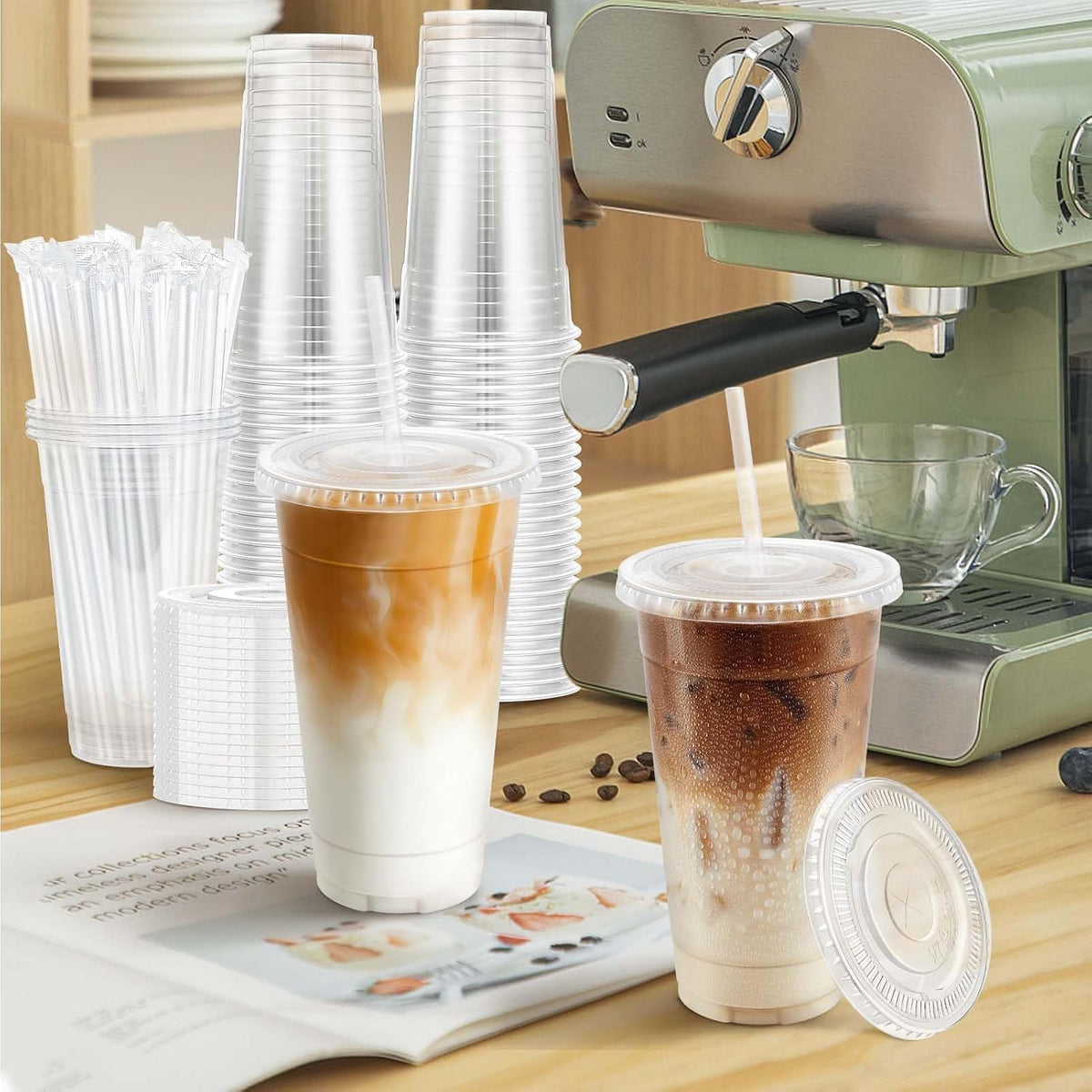 Clawsoff 100 Pack 20 oz Disposable Clear Plastic Cups with Lids and Straws