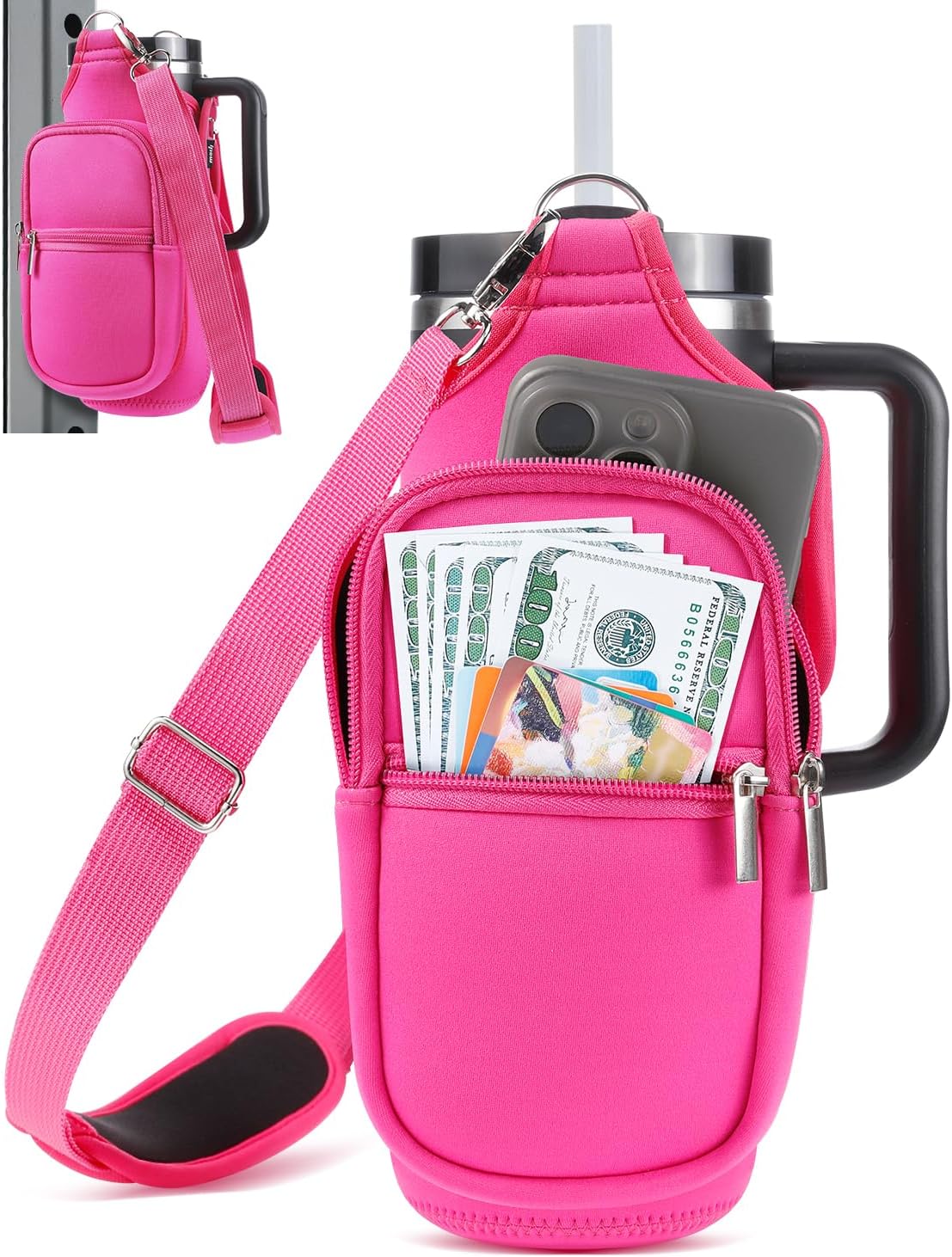 Magnetic Gym Bag Water Bottle Carrier Holder with Phone Pockets & Shoulder Strap for Men Women,Water Bottle Holder, Gym Pouch, Crossbody Bag for Travel, Sports, Work, Fitness - Beige