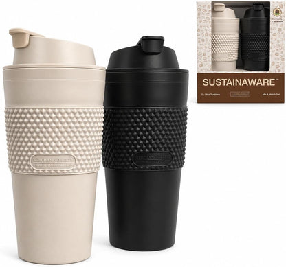 16 oz Coffee Tumbler Set (2 Pack) – Insulated Double Wall Travel Mug with Leak Proof Lid, Cup Holder Friendly, BPA Free Reusable Coffee Cup, Dishwasher & Microwave Safe, Brown