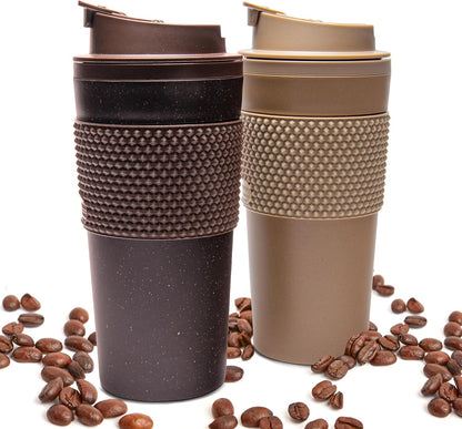 16 oz Coffee Tumbler Set (2 Pack) – Insulated Double Wall Travel Mug with Leak Proof Lid, Cup Holder Friendly, BPA Free Reusable Coffee Cup, Dishwasher & Microwave Safe, Brown