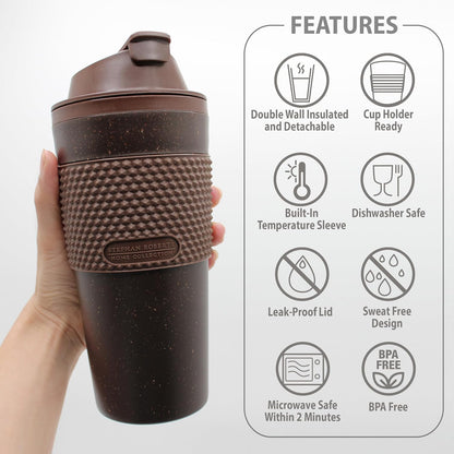16 oz Coffee Tumbler Set (2 Pack) – Insulated Double Wall Travel Mug with Leak Proof Lid, Cup Holder Friendly, BPA Free Reusable Coffee Cup, Dishwasher & Microwave Safe, Brown