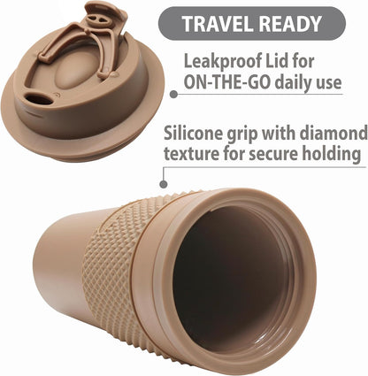 16 oz Coffee Tumbler Set (2 Pack) – Insulated Double Wall Travel Mug with Leak Proof Lid, Cup Holder Friendly, BPA Free Reusable Coffee Cup, Dishwasher & Microwave Safe, Brown